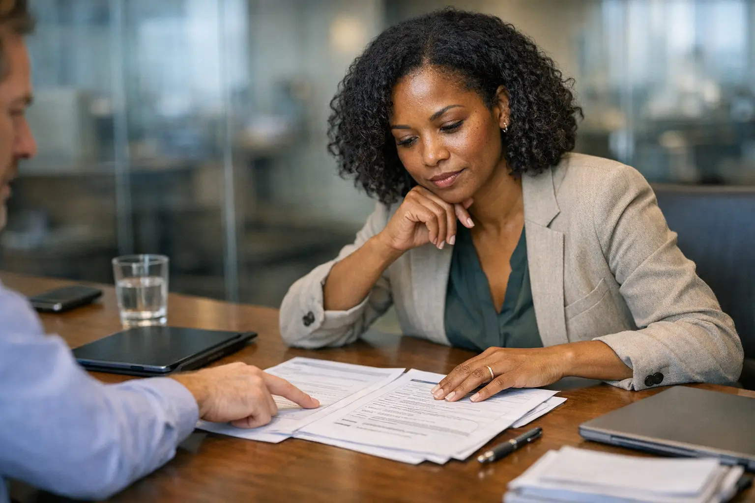 A sales team member and a customer success or operations partner reviewing a deal handoff and process checkpoint before a contract moves...