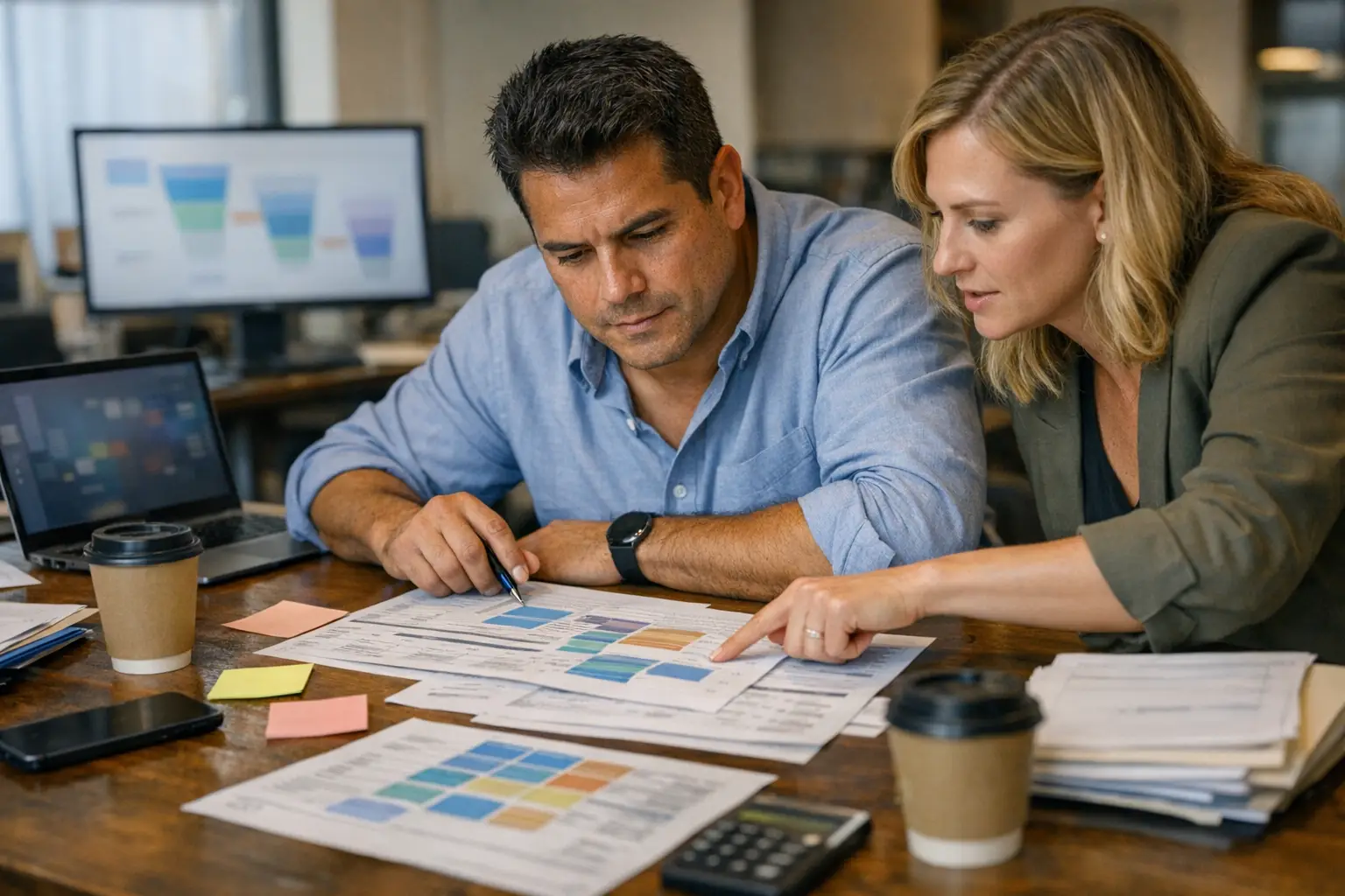 A software sales leader and a revenue operations specialist reviewing a messy deal pipeline and handoff process in a modern workspace